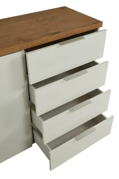 Madie|Credenze > Dmora Credenza bianco lucida e rovere 174x40x92h cm 4 ante - Talassa Marrone Rovere, Bianco Lucido