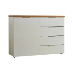 Madie|Credenze > Dmora Credenza bianco lucida e rovere 174x40x92h cm 4 ante - Talassa Marrone Rovere, Bianco Lucido