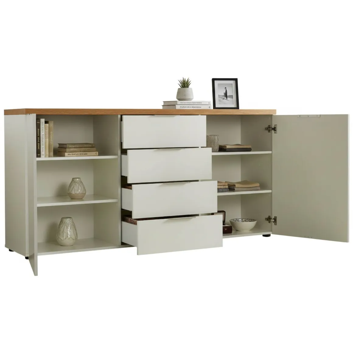 Credenza bianco lucida e rovere 180x43x89h cm 2 ante e 4 cassetti - Satriano