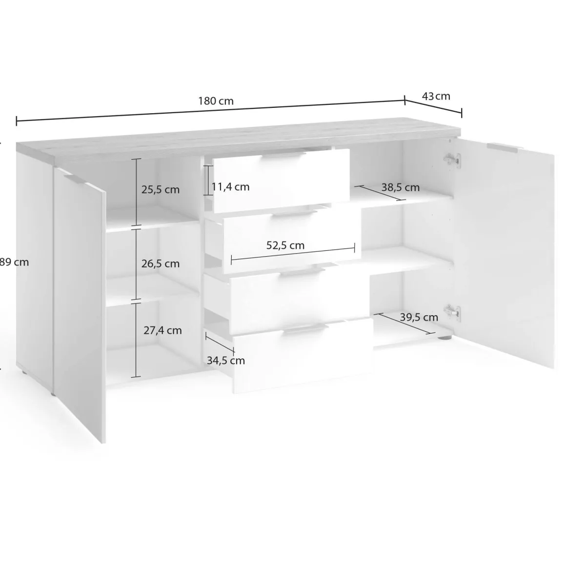Credenza bianco lucida e rovere 180x43x89h cm 2 ante e 4 cassetti - Satriano