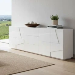 Credenza bianco lucida moderna 224x44x86h cm 4 ante e 3 cassetti - Zeus