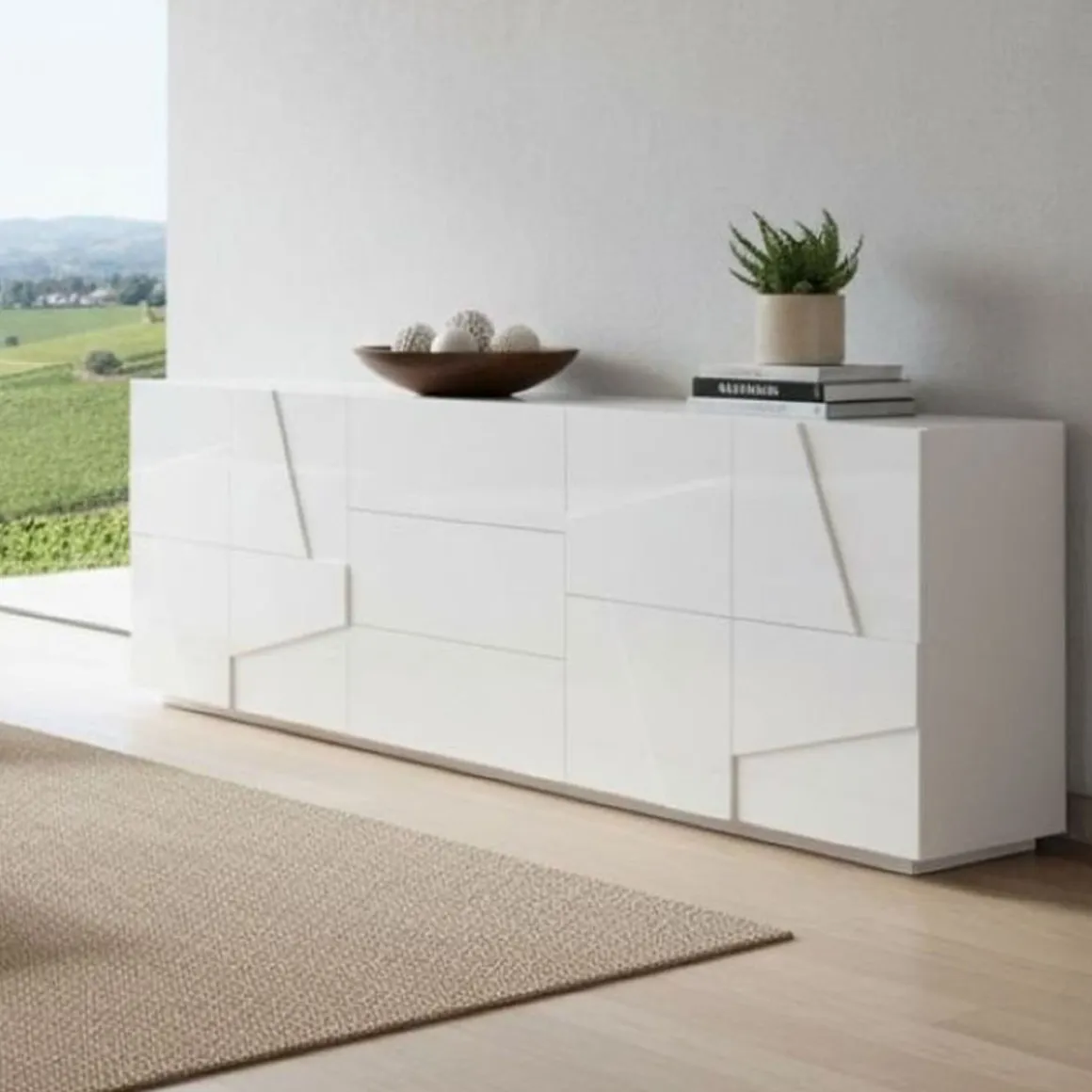 Credenza bianco lucida moderna 224x44x86h cm 4 ante e 3 cassetti - Zeus