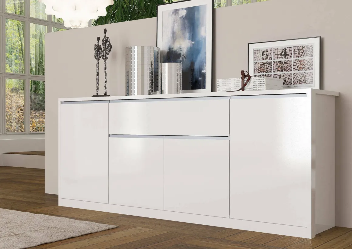 Credenza bianco lucida 210x45x85h cm 4 ante e 1 cassetto - Plutone