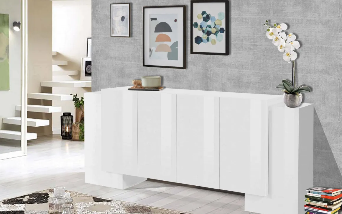 Cucina|Salotto > Dmora Credenza bianco lucida 220x41x86h cm 4 ante e 3 cassetti - Arrachis Bianco Lucido