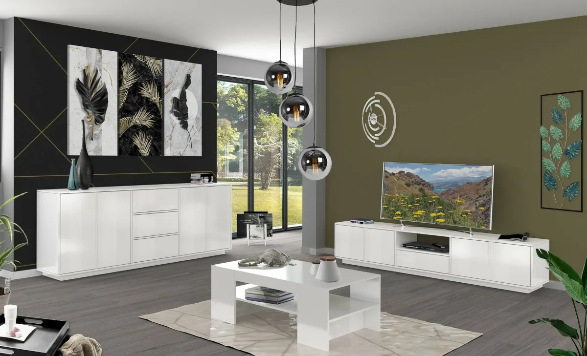 Cucina|Salotto > Dmora Credenza bianco lucida 220x41x86h cm 4 ante e 3 cassetti - Arrachis Bianco Lucido