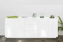 Cucina|Salotto > Dmora Credenza bianco lucida 220x41x86h cm 4 ante e 3 cassetti - Arrachis Bianco Lucido
