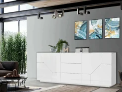 Cucina|Madie > Dmora Credenza bianco lucida 220x43x86h cm 4 ante e 3 cassetti - Ayrton Bianco Lucido