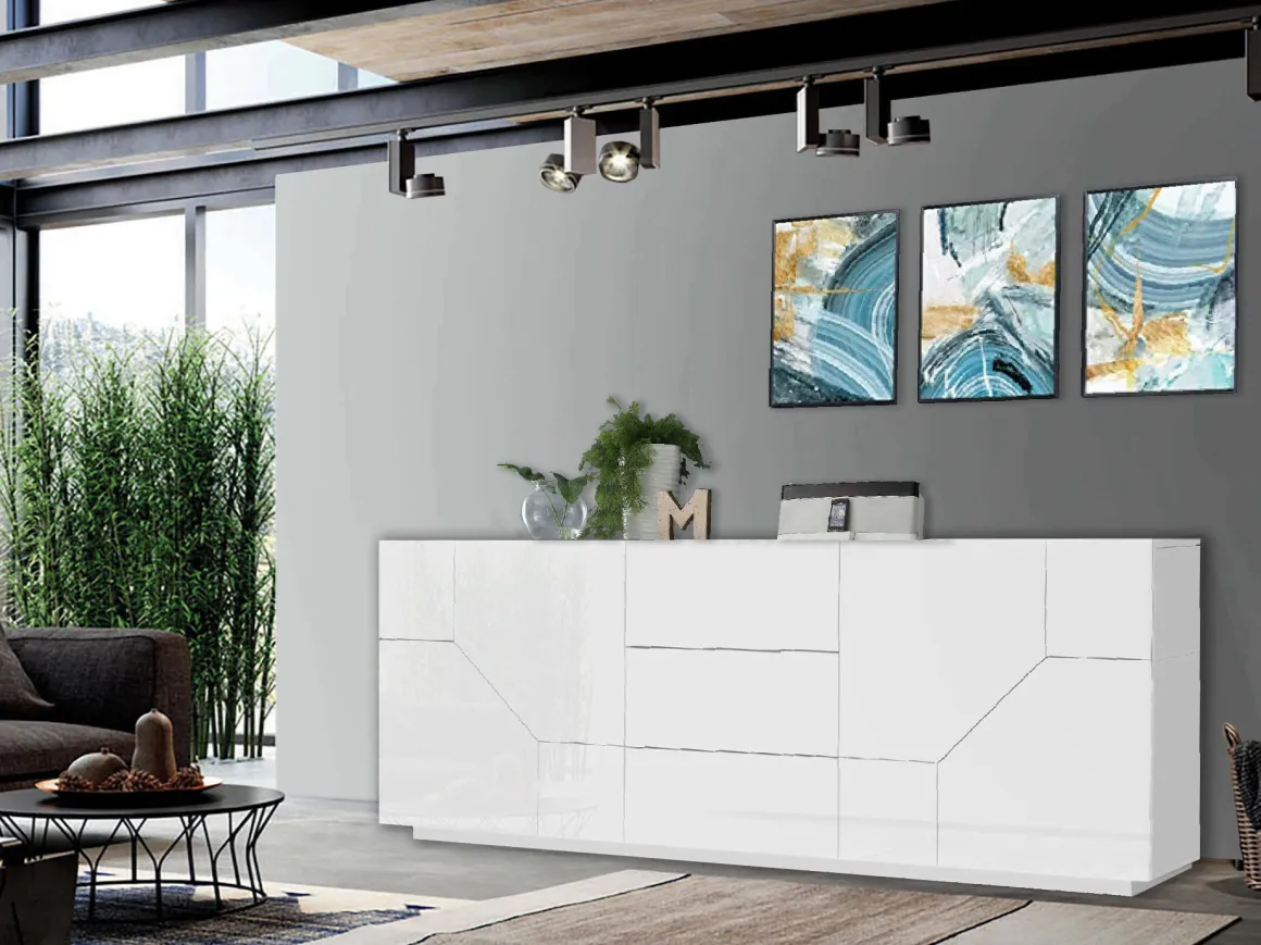 Credenza bianco lucida 220x43x86h cm 4 ante e 3 cassetti - Almira