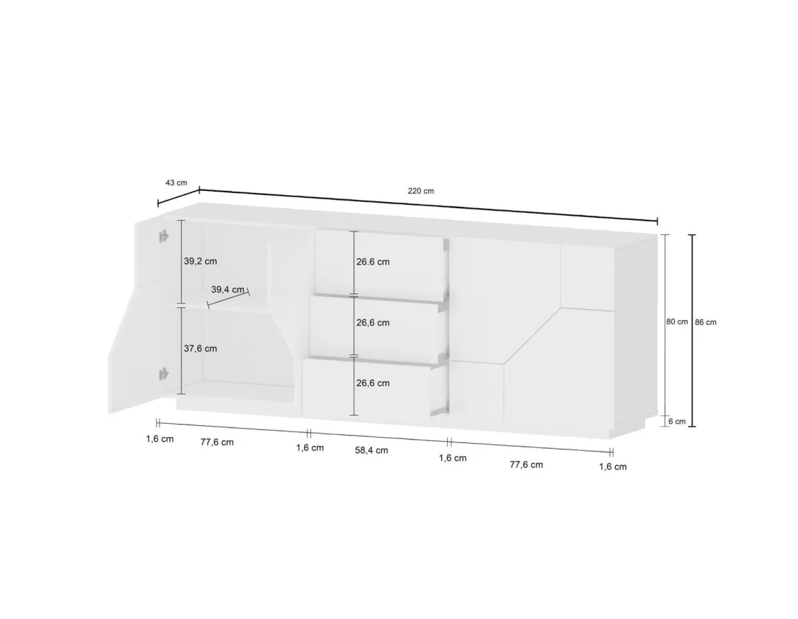 Credenza bianco lucida 220x43x86h cm 4 ante e 3 cassetti - Almira