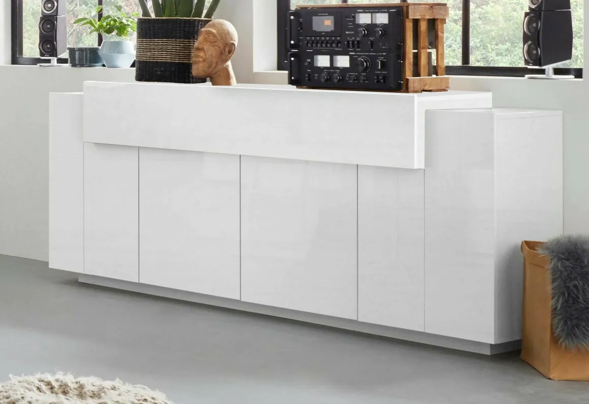 Cucina|Salotto > Dmora Credenza bianco lucida 220x45x86h cm 5 ante e 2 cassetti - Akirum Bianco Lucido