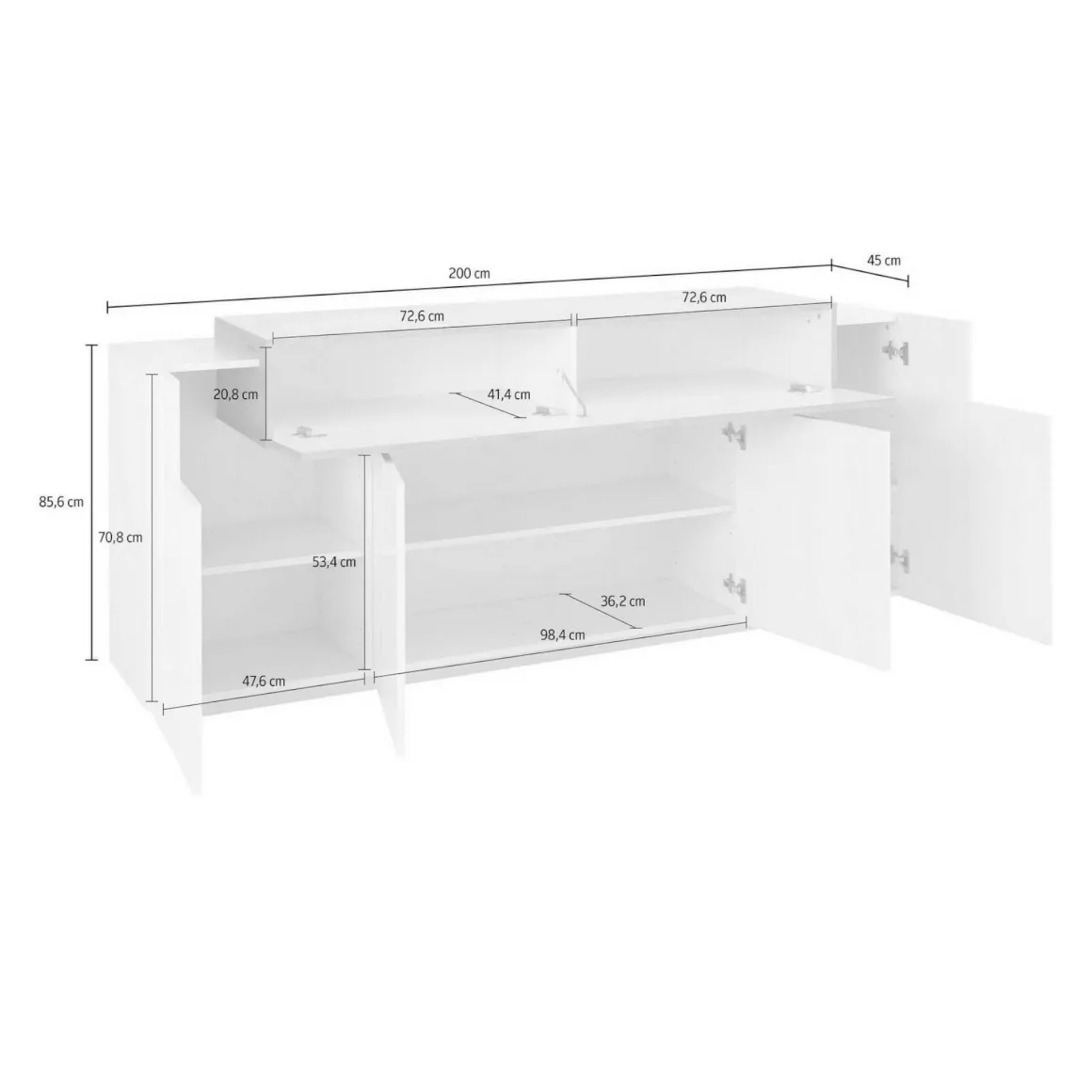 Cucina|Salotto > Dmora Credenza bianco lucida 220x45x86h cm 5 ante e 2 cassetti - Akirum Bianco Lucido