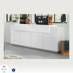 Cucina|Salotto > Dmora Credenza bianco lucida 220x45x86h cm 5 ante e 2 cassetti - Akirum Bianco Lucido
