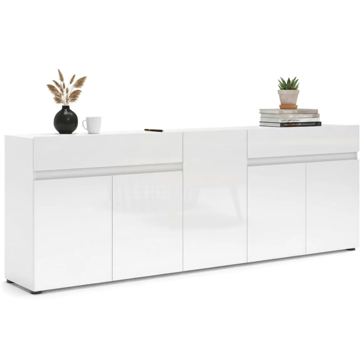 Credenza bianco lucida 225x38x79h cm 5 ante e 2 cassetti - Elenia
