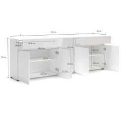 Credenza bianco lucida 225x38x79h cm 5 ante e 2 cassetti - Elenia