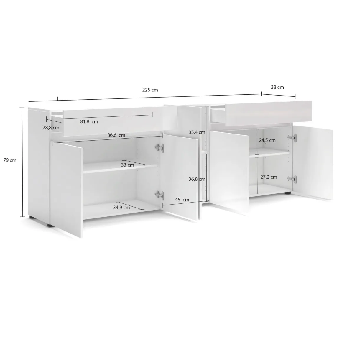 Credenza bianco lucida 225x38x79h cm 5 ante e 2 cassetti - Elenia