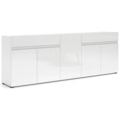 Credenza bianco lucida 225x38x79h cm 5 ante e 2 cassetti - Elenia