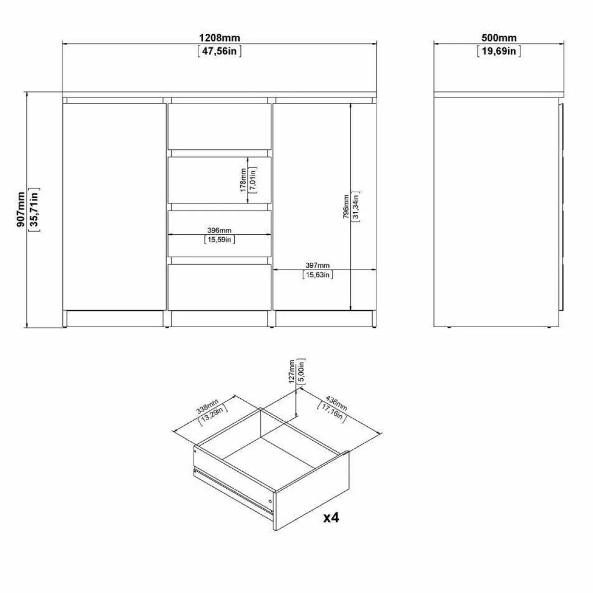 Credenza bianco lucida 120x50x90h cm 2 ante e 4 cassetti - Angelika