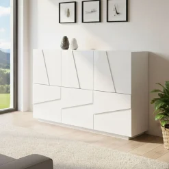 Cucina|Madie > Dmora Credenza bianco lucida 124x40x81h cm 2 ante e 4 cassetti - Aksa Bianco Lucido