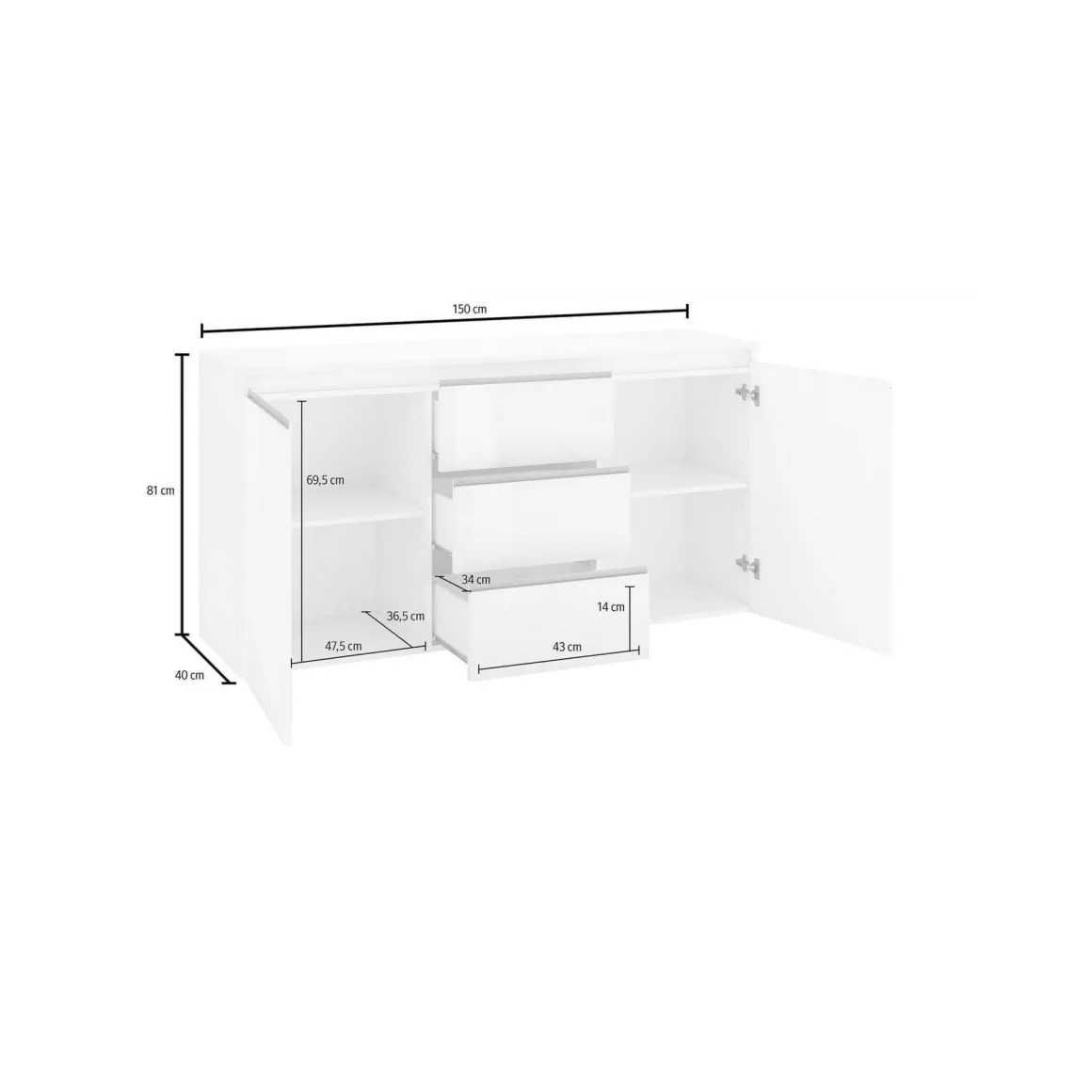 Credenza bianco lucida 150x40x81h cm 2 ante e 3 cassetti - Amoco