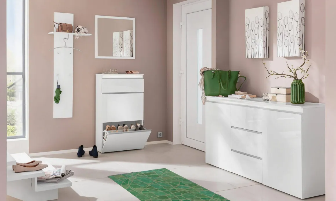 Credenza bianco lucida 150x40x81h cm 2 ante e 3 cassetti - Amoco