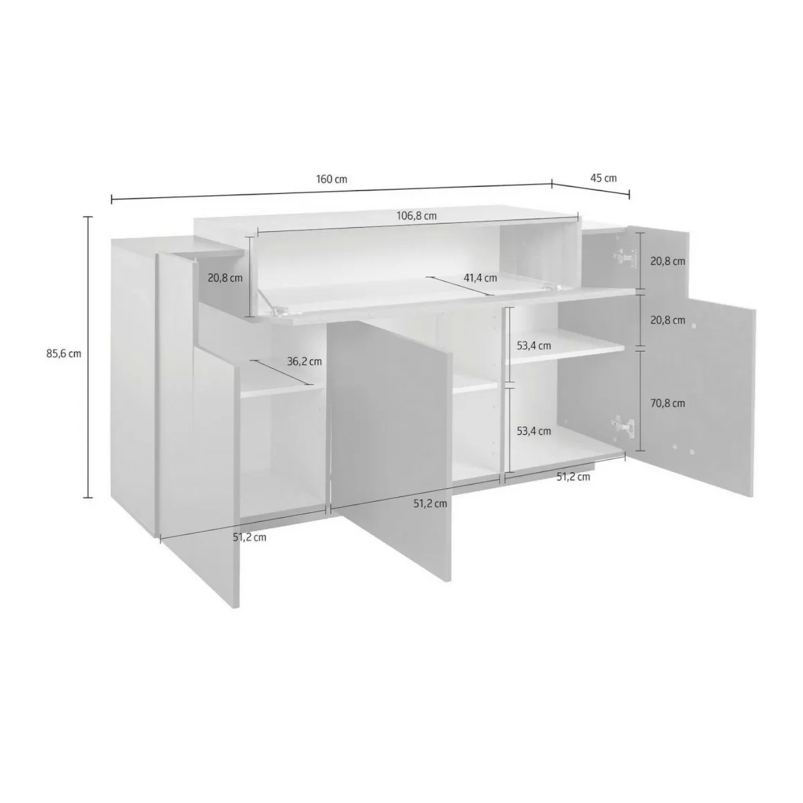 Cucina|Madie > Dmora Credenza bianco lucida 162x44x86h cm 4 ante - Augusto Bianco Lucido
