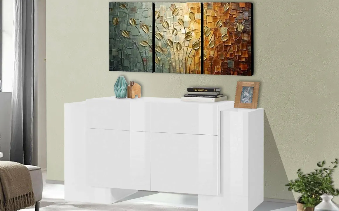 Credenza bianco lucida 170x45x85h cm 4 ante e 2 cassetti - Alei