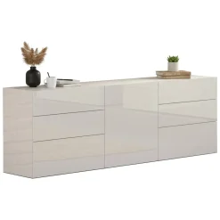 Cucina|Madie > Dmora Credenza 6 Cassetti Un'anta 170x40x60.2h cm, Apertura Battente e Scorrevole - Agito Bianco Lucido