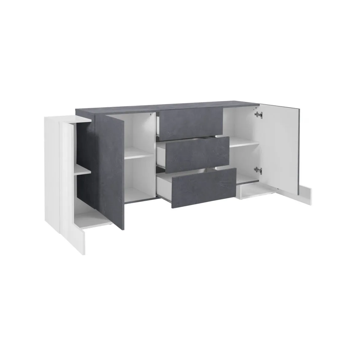 Madie|Credenze > Dmora Credenza Bianco Lucido Grigio Cemento 2 Ripiani 4 Vani 160x42x85.8h cm, 3 Ante - Introbio Grigio Cemento, Bianco Lucido