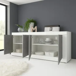 Credenza Bianco Lucido Grigio Cemento 2 Ripiani 4 Vani 207x43x86h cm, 4 Ante - Poli