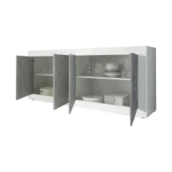 Credenza Bianco Lucido Grigio Cemento 2 Ripiani 4 Vani 207x43x86h cm, 4 Ante - Poli