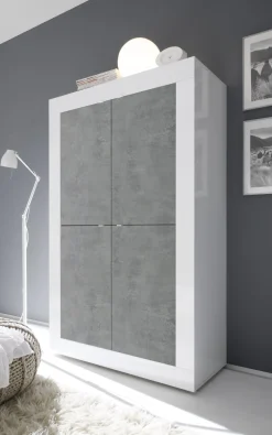 Credenza Bianco Lucido Grigio Cemento 3 Ripiani 4 Vani 101.4x42x161.2h cm, 4 Ante - Sampeyre