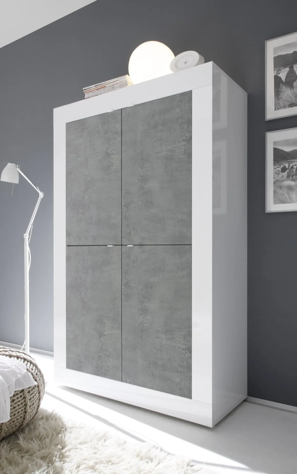 Credenza Bianco Lucido Grigio Cemento 3 Ripiani 4 Vani 101.4x42x161.2h cm, 4 Ante - Sampeyre