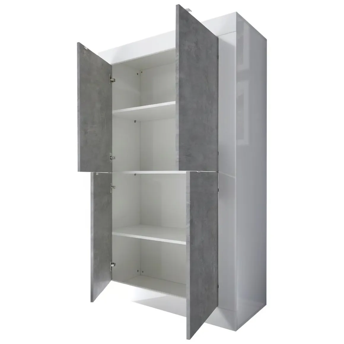 Credenza Bianco Lucido Grigio Cemento 3 Ripiani 4 Vani 101.4x42x161.2h cm, 4 Ante - Sampeyre