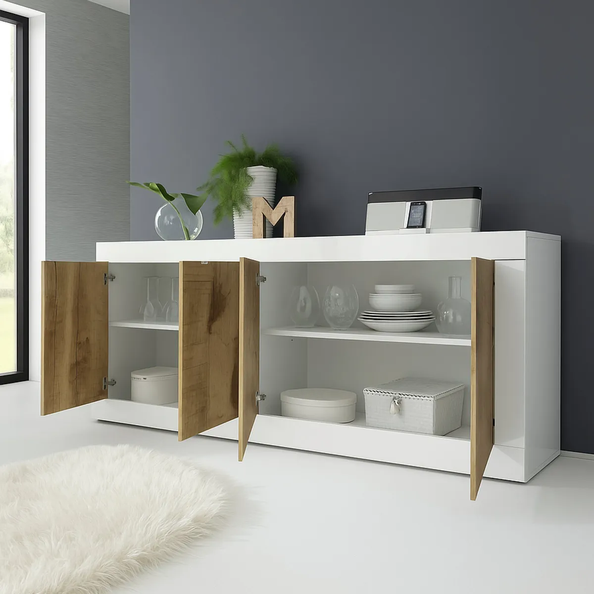 Madie|Credenze > Dmora Credenza Bianco Lucido Marrone Pero 2 Ripiani 4 Ante 207x43x86h cm, 4 Vani - Poli Marrone Pero, Bianco Lucido
