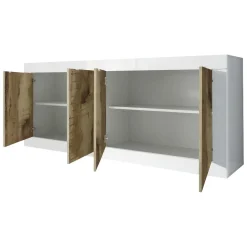 Madie|Credenze > Dmora Credenza Bianco Lucido Marrone Pero 2 Ripiani 4 Ante 207x43x86h cm, 4 Vani - Poli Marrone Pero, Bianco Lucido