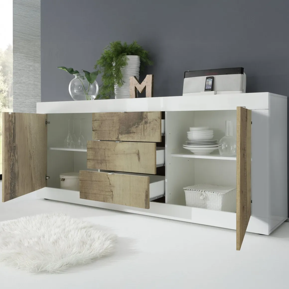 Madie|Credenze > Dmora Credenza Bianco Lucido Marrone Pero 3 Ripiani 4 Ante 101.4x42x161.2h cm, 4 Vani - Sampeyre Marrone Pero, Bianco Lucido
