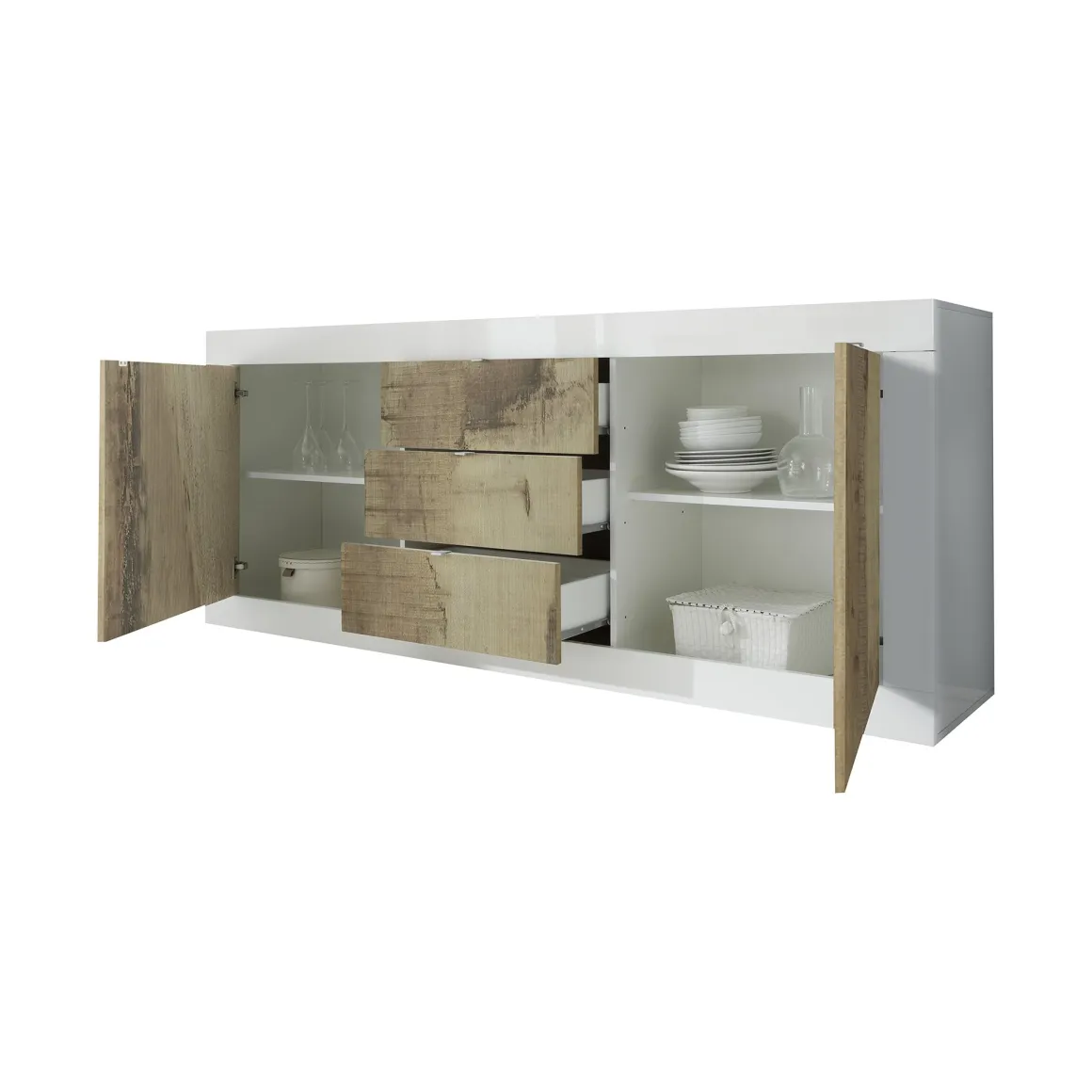 Madie|Credenze > Dmora Credenza Bianco Lucido Marrone Pero 3 Ripiani 4 Ante 101.4x42x161.2h cm, 4 Vani - Sampeyre Marrone Pero, Bianco Lucido