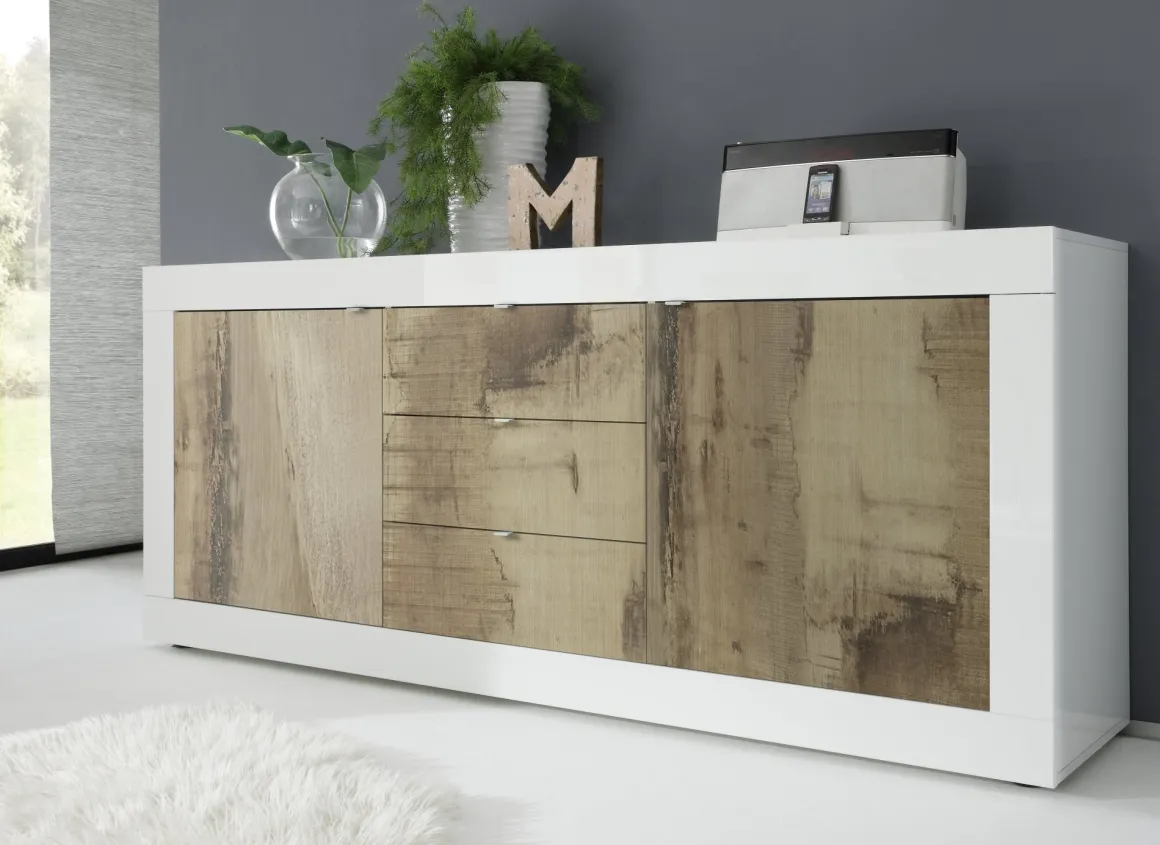 Madie|Credenze > Dmora Credenza Bianco Lucido Marrone Pero 3 Ripiani 4 Ante 101.4x42x161.2h cm, 4 Vani - Sampeyre Marrone Pero, Bianco Lucido