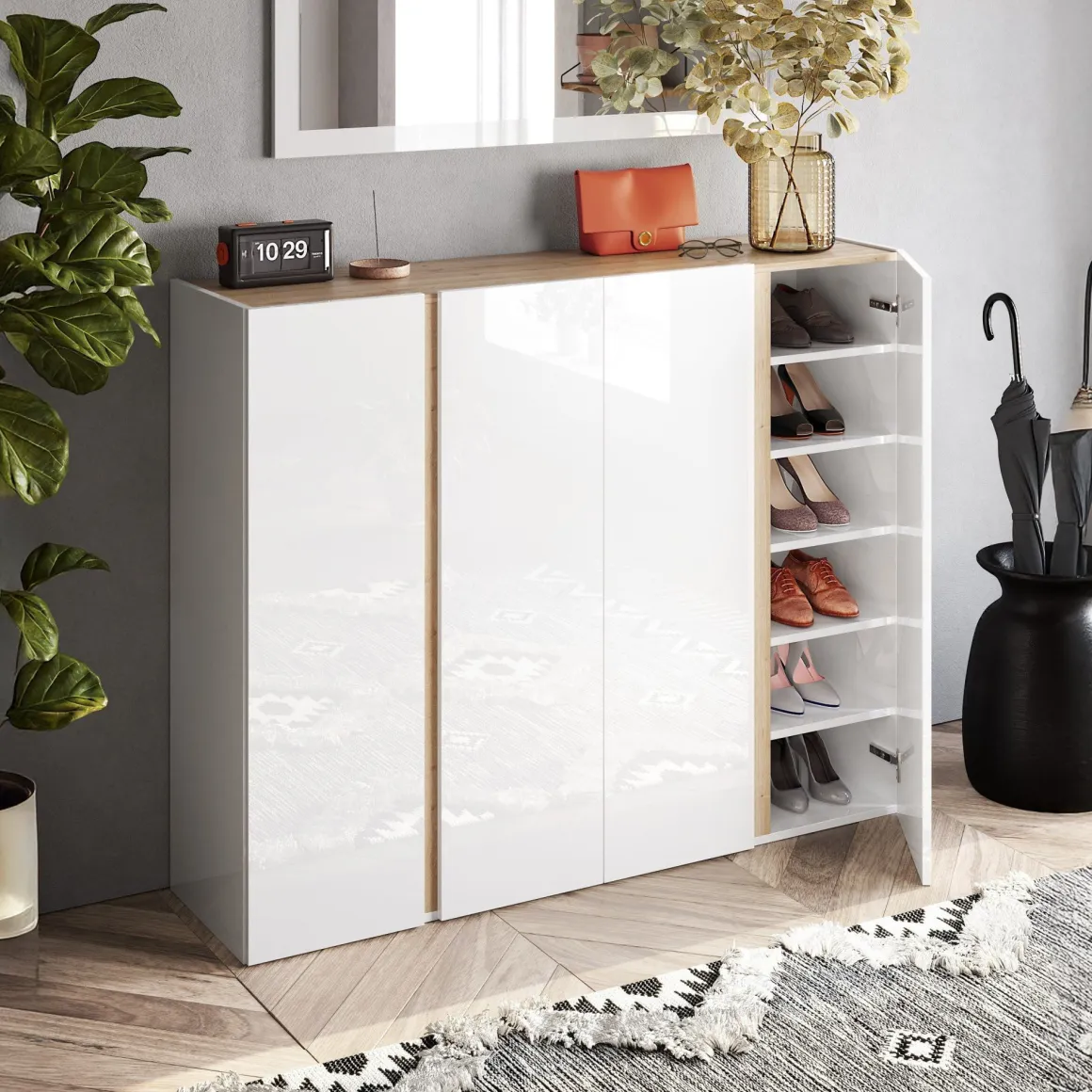 Credenza Bianco Lucido Marrone Rovere 10 Ripiani 12 Vani 140x35x111h cm, 4 Ante - Ghiffa