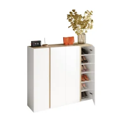 Credenza Bianco Lucido Marrone Rovere 10 Ripiani 12 Vani 140x35x111h cm, 4 Ante - Ghiffa