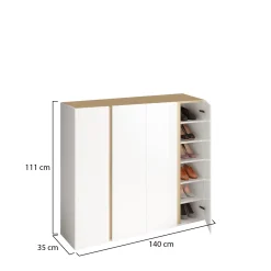 Credenza Bianco Lucido Marrone Rovere 10 Ripiani 12 Vani 140x35x111h cm, 4 Ante - Ghiffa