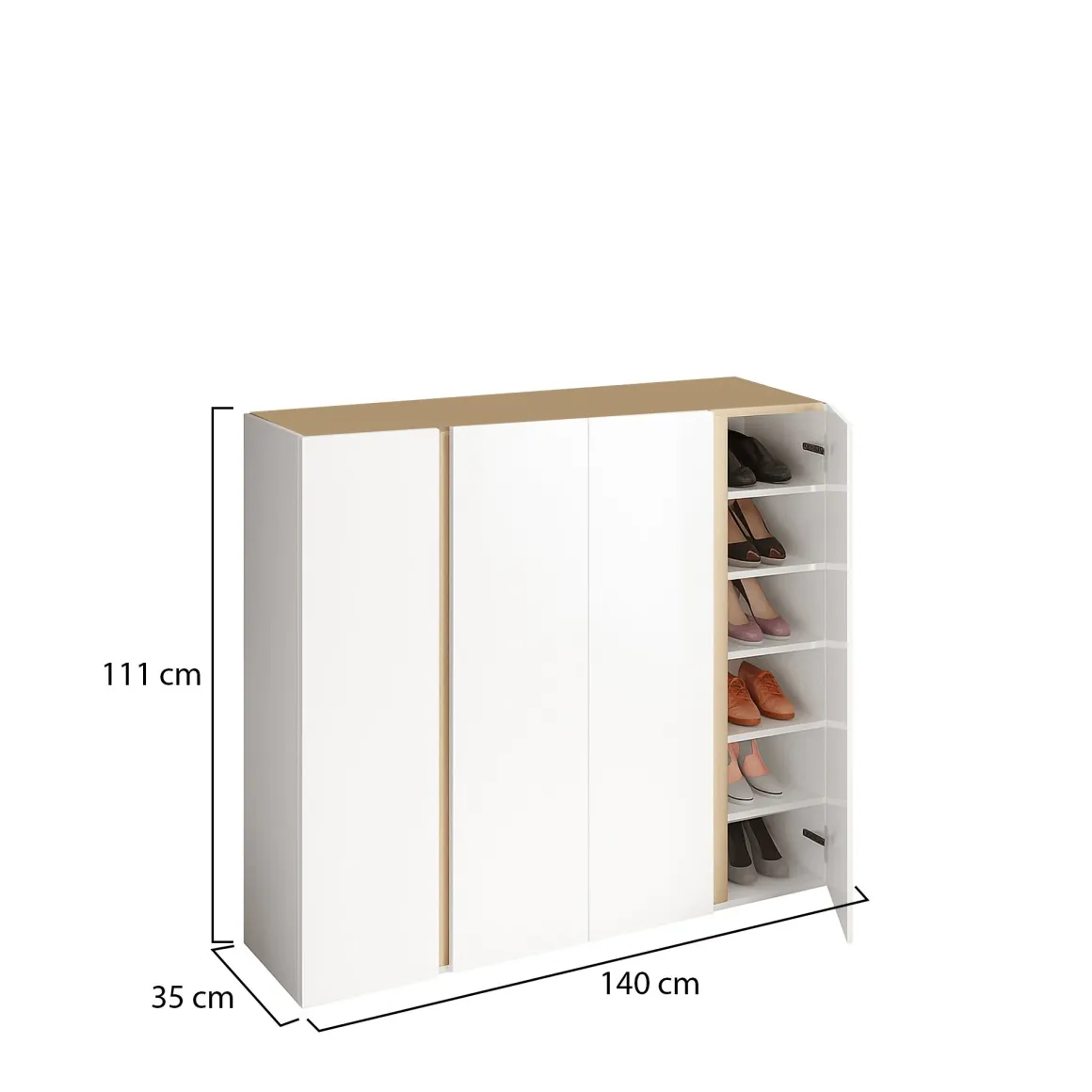 Credenza Bianco Lucido Marrone Rovere 10 Ripiani 12 Vani 140x35x111h cm, 4 Ante - Ghiffa