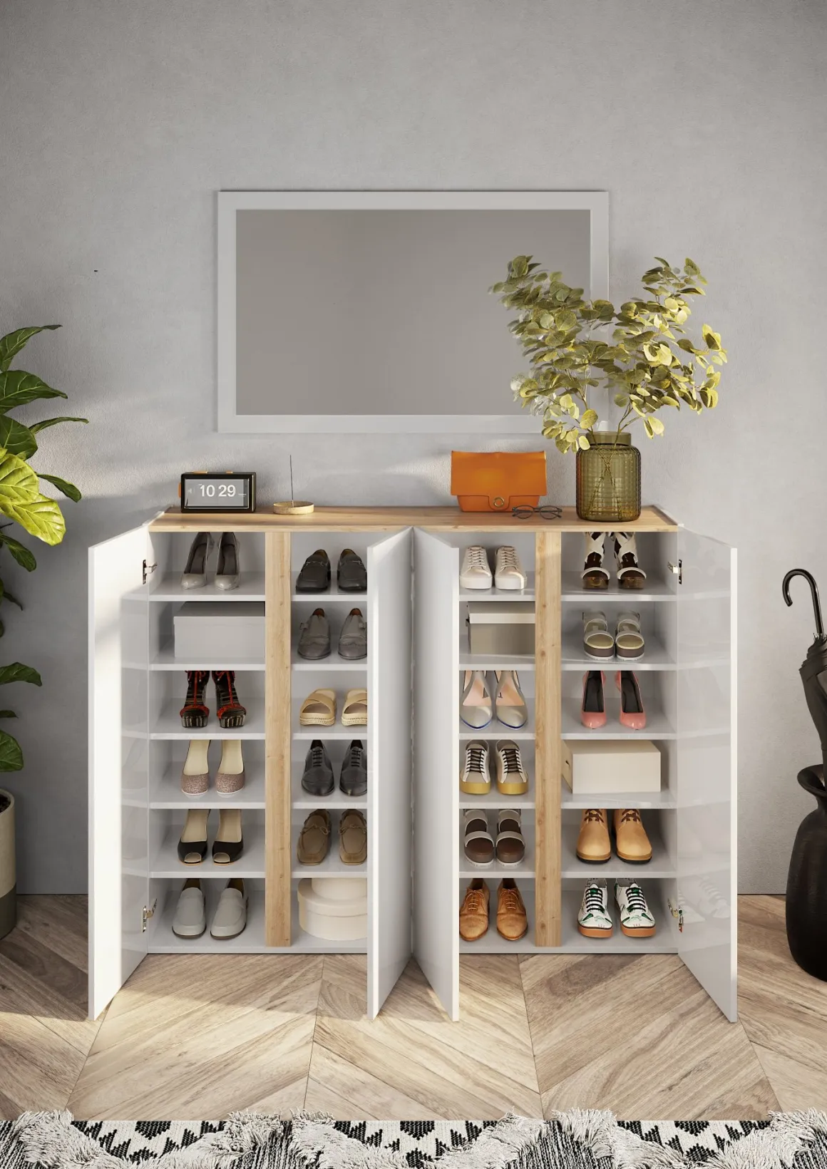 Credenza Bianco Lucido Marrone Rovere 10 Ripiani 12 Vani 140x35x111h cm, 4 Ante - Ghiffa