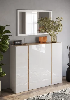 Credenza Bianco Lucido Marrone Rovere 10 Ripiani 12 Vani 140x35x111h cm, 4 Ante - Ghiffa