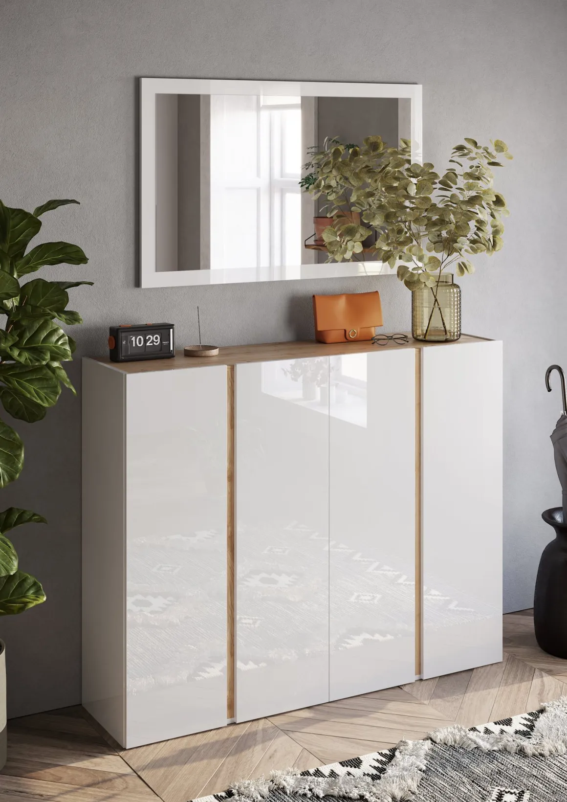 Credenza Bianco Lucido Marrone Rovere 10 Ripiani 12 Vani 140x35x111h cm, 4 Ante - Ghiffa
