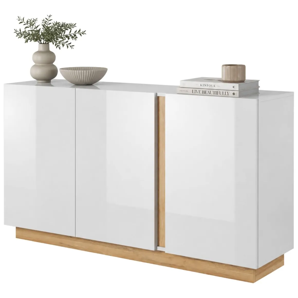 Credenze > Dmora Credenza Bianco Lucido Marrone Rovere 4 Cassetti un Ripiano 138x40x91h cm, Apertura Battente, Scorrevole - Halana Marrone Rovere, Bianco Lucido