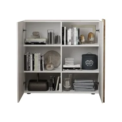 Credenza Bianco Lucido Marrone Rovere 4 Ripiani 6 Vani 121x44x114h cm, 2 Ante - Lucito