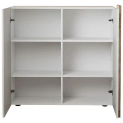 Madie|Credenze > Dmora Credenza Bianco Lucido Marrone Rovere 6 Ripiani Apertura Battente 160x35x70h cm, 4 Ante Made in Italy - Swink Marrone Rovere, Bianco Lucido