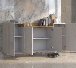 Madie|Credenze > Dmora Credenza Bianco Lucido Marrone Rovere 6 Ripiani Apertura Battente 160x35x70h cm, 4 Ante Made in Italy - Swink Marrone Rovere, Bianco Lucido