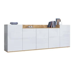 Credenza Bianco Lucido Marrone Rovere 7 Ripiani Apertura Battente 200x35x70h cm, 5 Ante Made in Italy - Cordele